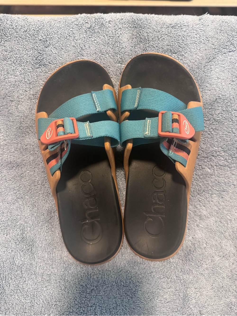 Chaco Teal Strap Slide Sandals with Coral Buckles and Brown Footbed